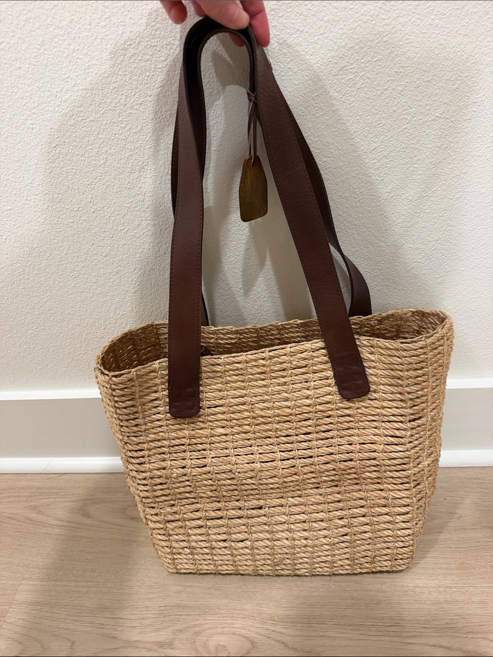 DKNY Woven Straw Tote Bag with Brown Leather Handles